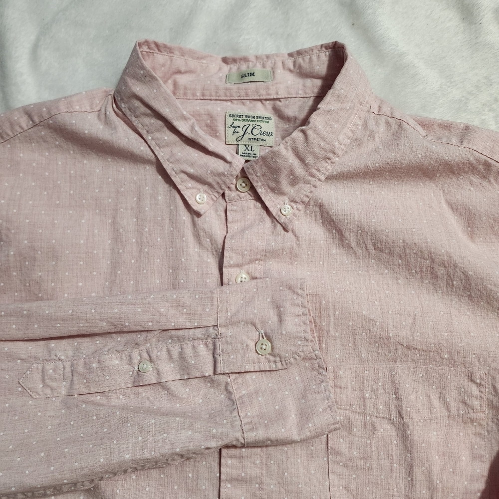 J. CREW Mens XL Slim Fit Pink Polka Dot Button Down Shirt Organic Cotton Stretch
